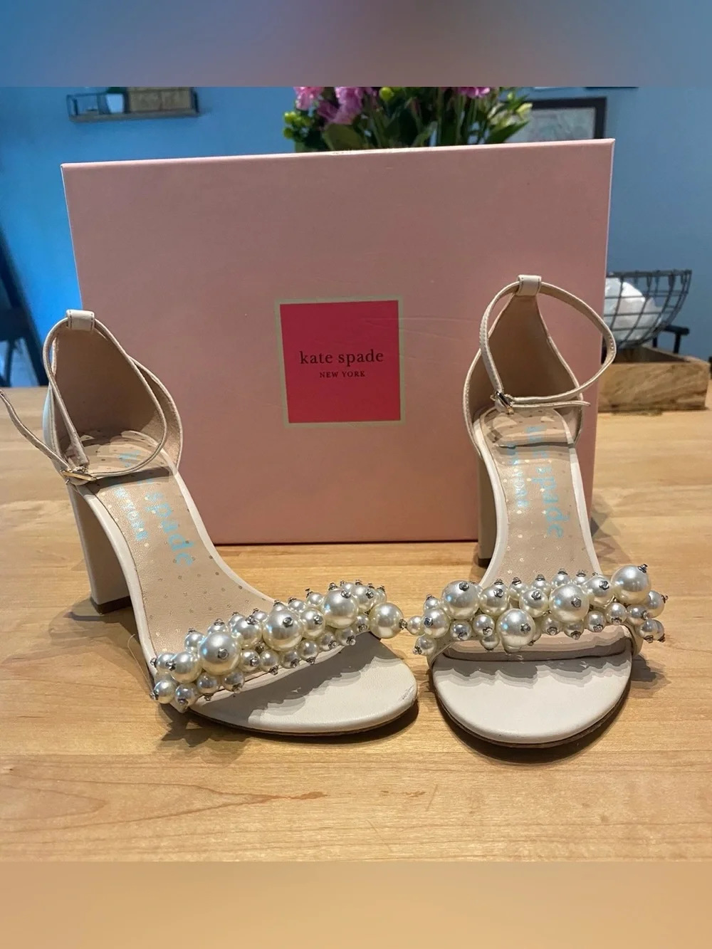 Kate Spade Ivory Pearl Embellished Block Heel Sandals